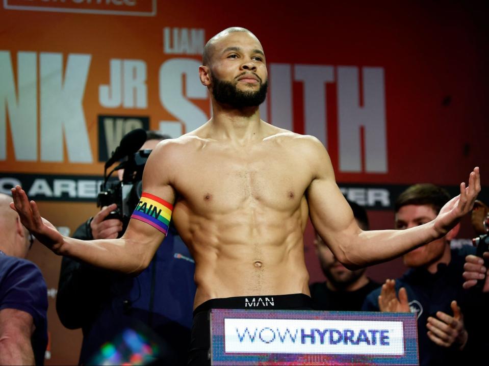 Chris Eubank Jr during the weigh-in wearing a rainbow coloured arm band (Action Images via Reuters)