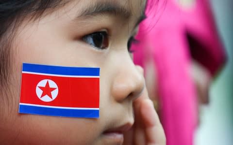 A child wears a North Korean flag on her cheek outside the Vietnam-North Korea Friendship kindergarten in Hanoi - Credit: Noel Celis/AFP&nbsp;