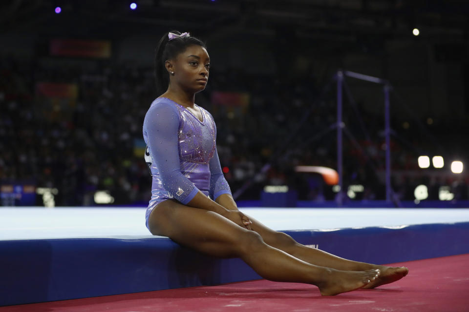 Simone Biles will not compete this year due to COVID-19 related cancellations.  (AP Photo/Matthias Schrader)
