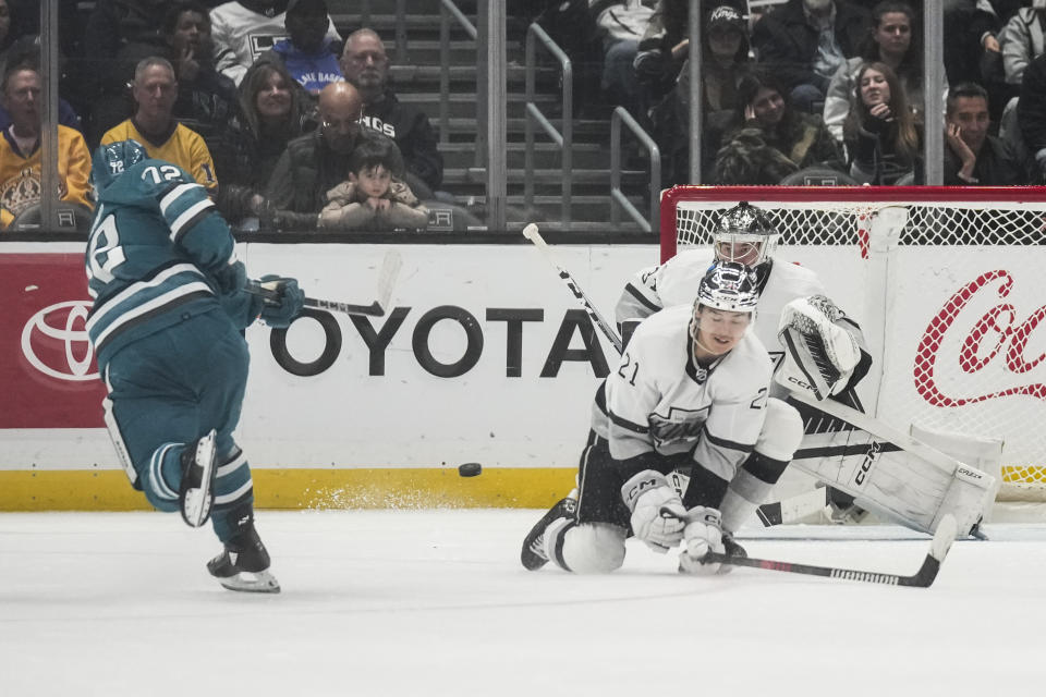 San Jose Sharks left wing William Eklund (72) scores against Los Angeles Kings goaltender David Rittich (31) during the second period of an NHL hockey game Monday, Jan. 22, 2024, in Los Angeles. (AP Photo/Ashley Landis)