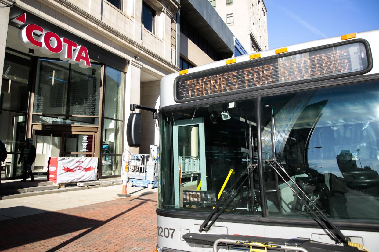 A COTA bus sits outside the transit agency's Customer Experience Center in downtown Columbus in this 2019 file photo.