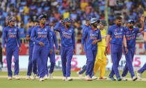 Indian players walks back to pavilion at the end of the second one-day international cricket match between India and Australia, in Visakhapatnam, India, Sunday, March 19, 2023. (AP Photo/Surjeet Yadav)