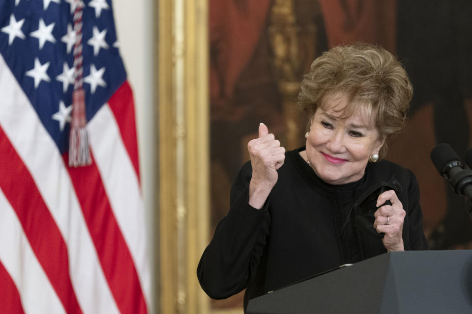 Former Sen. Elizabeth Dole, R-N.C., acknowledges the applause as she speaks during a ceremony at the White House honoring children in military and veteran caregiving families, Wednesday, Nov. 10, 2021. (AP Photo/Manuel Balce Ceneta)