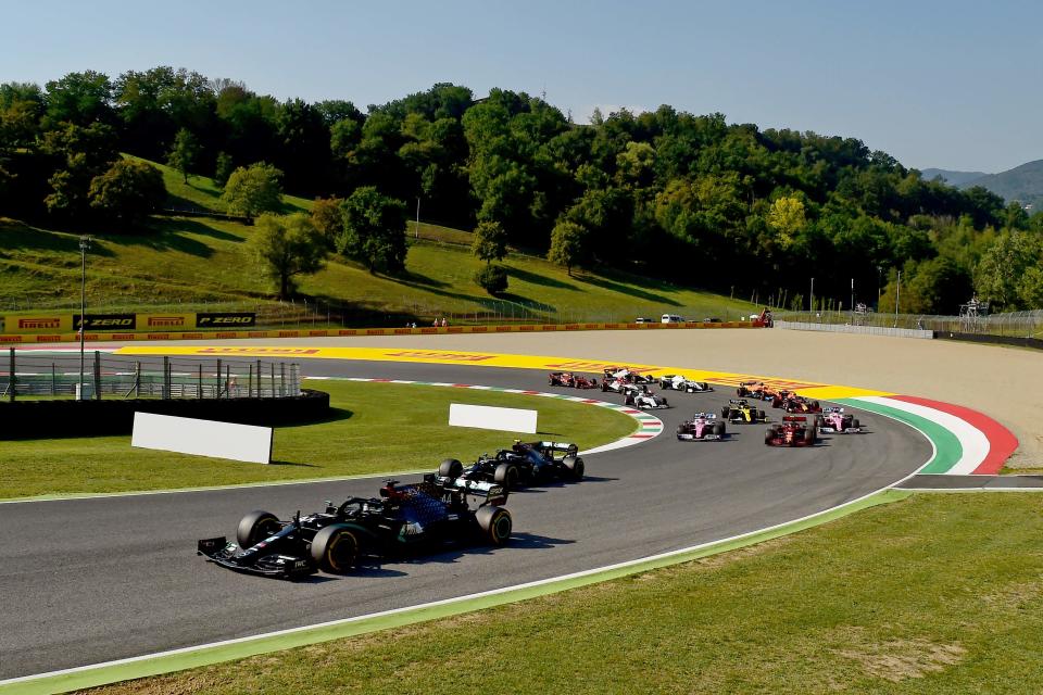 Lewis Hamilton gets around the outside of Valtteri Bottas at the restart (Getty)