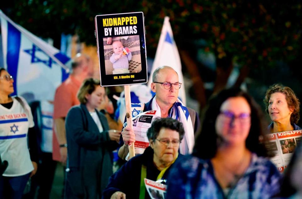 Over a hundred people marched in downtown Raleigh, N.C., on Tuesday, Nov. 7, 2023, calling for the release of hostages taken by Hamas when they attacked Israel in October.