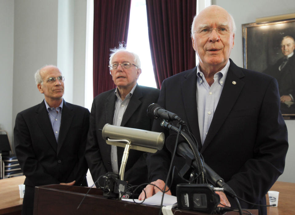 Sen. Patrick Leahy, D-Vt., right, Sen. Bernie Sanders, I-Vt., center, and Rep. Peter Welch, D-Vt., hold a news conference on Monday, July 2, 2012, in Montpelier, Vt. Vermont's three member congressional delegation gathered at the Statehouse to talk up what they see as the benefits in the federal farm bill that passed last week. (AP Photo/Toby Talbot)