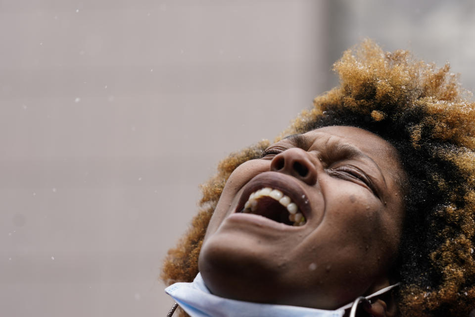 Naisha Wright, aunt of Daunte Wright, speaks during a news conference, Tuesday, April 13, 2021, in Minneapolis. Daunte Wright, 20, was shot and killed by police Sunday after a traffic stop in Brooklyn Center, Minn. (AP Photo/John Minchillo)