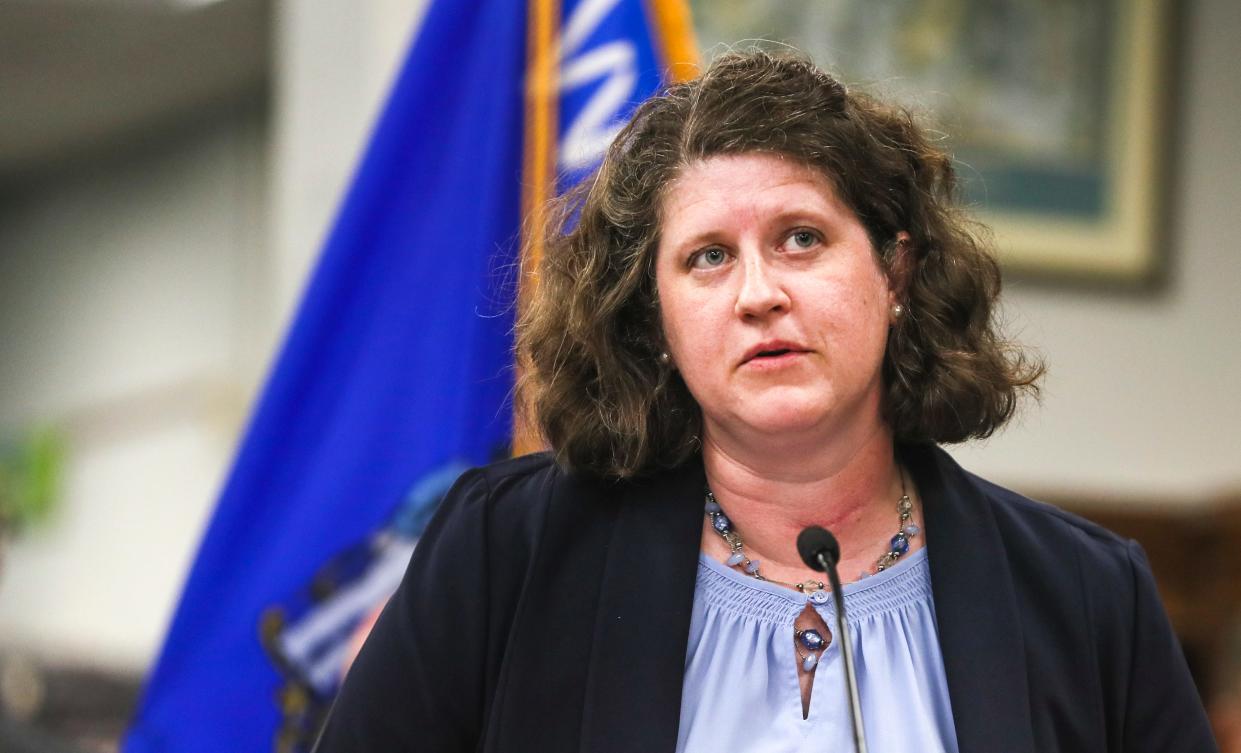 Jill Underly, Wisconsin superintendent of public instruction, speaks before Gov. Tony Evers' signing of the 2021-23 biennial budget in July. On Sept. 21, Underly delivered an address about the state of education in Wisconsin.