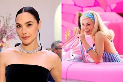 A headshot of Gal Gadot at a Tiffany's event next to Margot Robbie as Barbie in a pink convertible