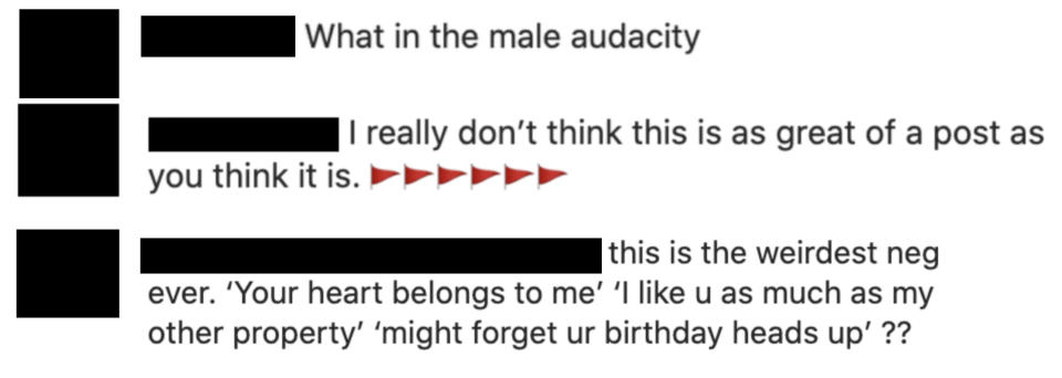 Someone commented "what in the male audacity" and another said "i really don't think this is as great of a post as you think it is [red flag emojis]