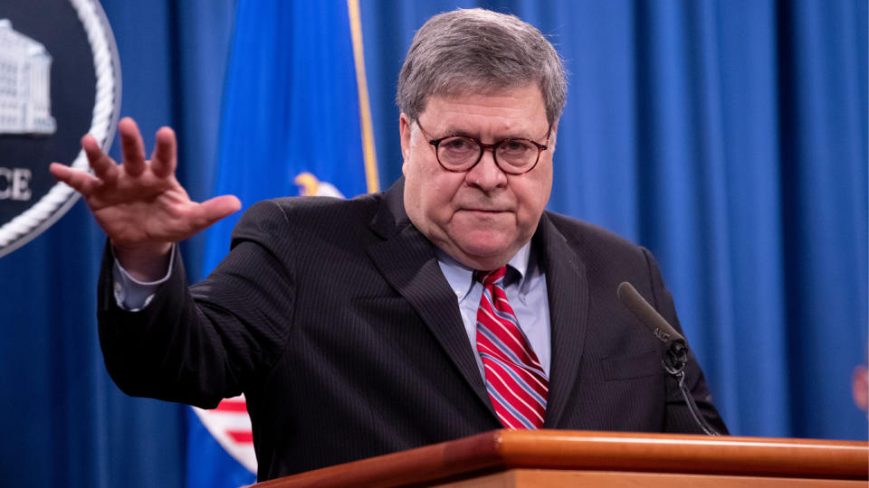 US Attorney General William Barr speaks during a news conference to provide an update on the investigation of the terrorist bombing of  Pan Am flight 103 on the 32nd anniversary of the attack, at the US Department of Justice in Washington, DC, on December 21, 2020. (Michael Reynolds/AFP via Getty Images)