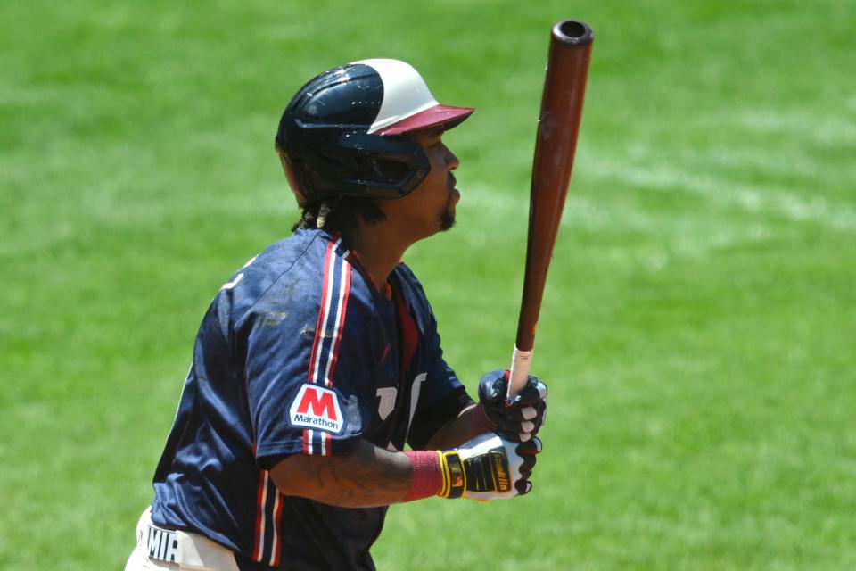 Jul 7, 2024; Cleveland, Ohio, USA; Cleveland Guardians designated hitter Jose Ramirez (11) hits a double in the fourth inning against the San Francisco Giants at Progressive Field. Mandatory Credit: David Richard-USA TODAY Sports