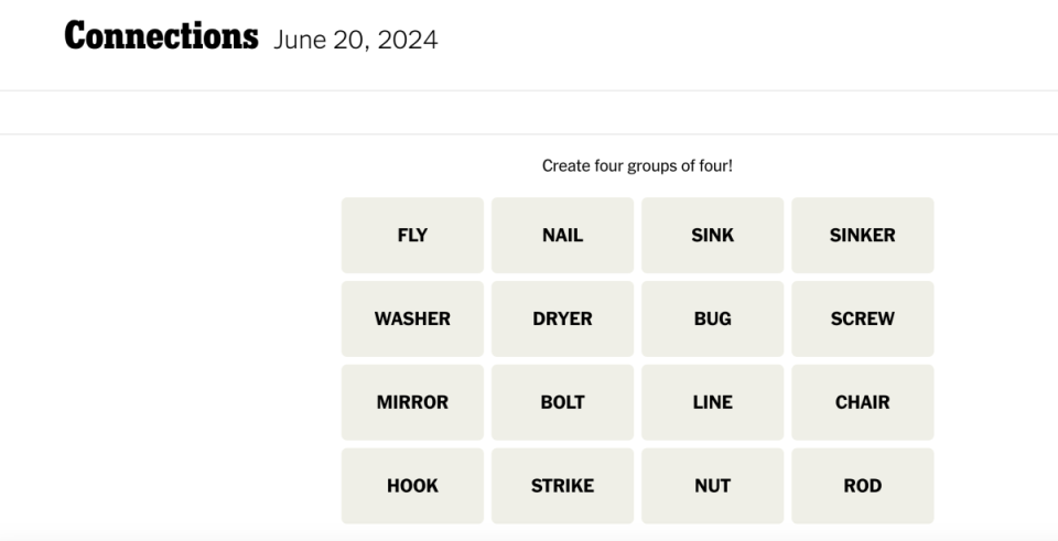 <em>Today's NYT Connections puzzle for Thursday, June 20,</em><em> 2024</em><p>New York Times</p>