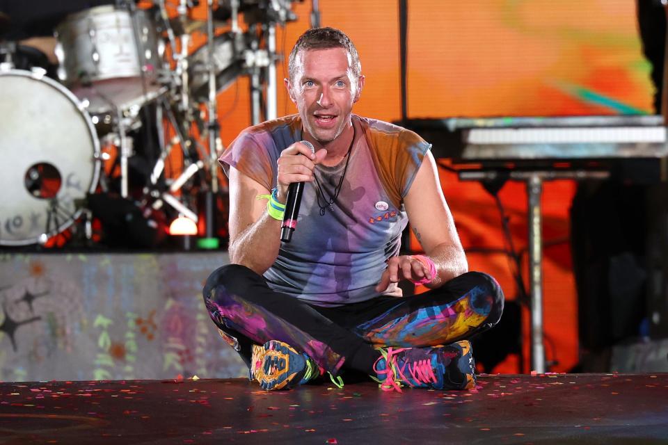 Chris Martin of Coldplay performs onstage at Rose Bowl Stadium in Pasadena, California in September.