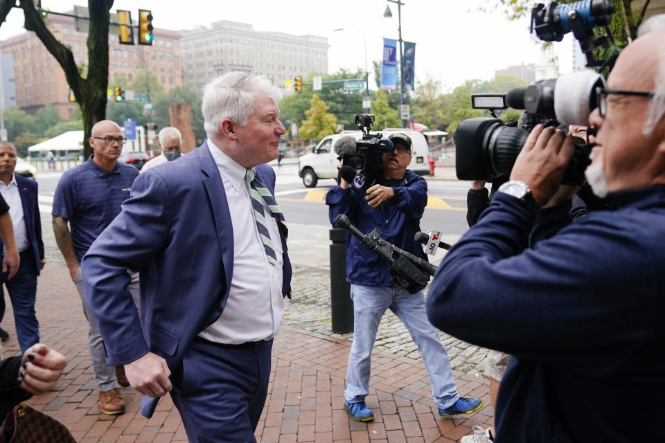 Johnny "Doc" Dougherty walks to the federal courthouse in Philadelphia, Tuesday, Oct. 5, 2021, to face charges in his corruption trial. (AP Photo/Matt Rourke)