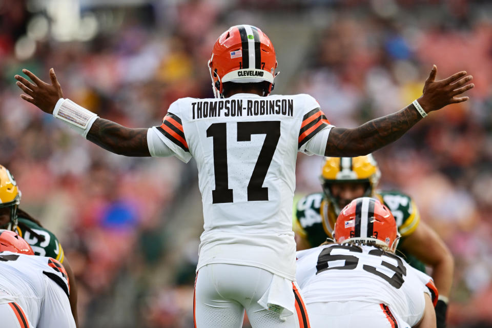 Aug 10, 2024; Cleveland, Ohio, USA; Cleveland Browns quarterback Dorian Thompson-Robinson (17) during the second half against the Green Bay Packers at Cleveland Browns Stadium. Mandatory Credit: Ken Blaze-USA TODAY Sports