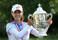 KOHLER, WI - JULY 08: Na Yeon Choi of South Korea poses with the championship trophy after her four-stroke victory at the 2012 U.S. Women's Open on July 8, 2012 at Blackwolf Run in Kohler, Wisconsin. (Photo by Scott Halleran/Getty Images)