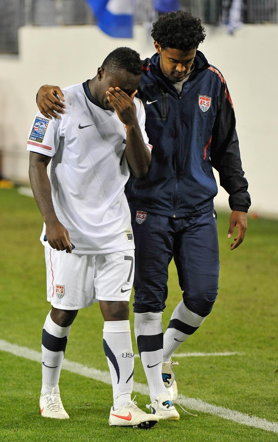 NASHVILLE, TN - MARCH 26: Freddy Adu #7 of the USA leaves the field after El Salvador ties the USA in a 2012 CONCACAF Men's Olympic Qualifying match at LP Field on March 26, 2012 in Nashville, Tennessee. (Photo by Frederick Breedon/Getty Images)