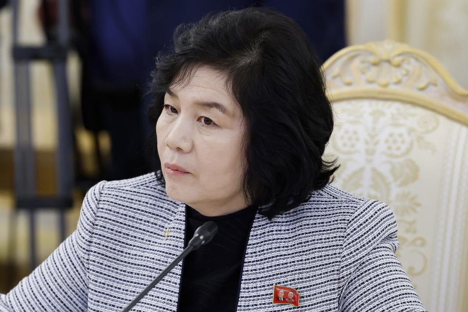 North Korean Foreign Minister Choe Son Hui listens to Russian Foreign Minister Sergey Lavrov during their talks in Moscow, Russia, Tuesday, Jan. 16, 2024. (Maxim Shemetov/Pool Photo via AP)