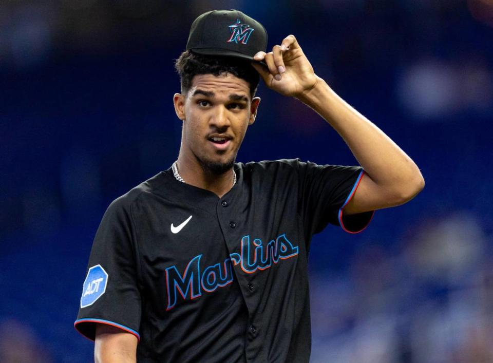 Miami Marlins pitcher Eury Perez (39) reacts after the third inning of Thursday’s game against the Washington Nationals at loanDepot park. Perez made his second career major league start and picked up his first win.