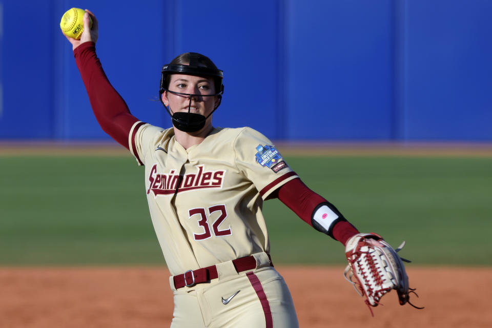 Florida State's Kathryn Sandercock pitches against Oklahoma during the second inning of the second game of the NCAA Women's College World Series softball championship series, Thursday, June 8, 2023, in Oklahoma City. (AP Photo/Nate Billings)