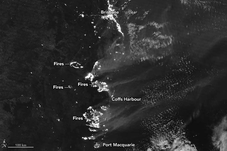 This Nov. 9, 2019, satellite photo taken by NASA shows Bushfires still raging in Australia. Ferocious wildfires were burning at emergency-level intensity across Australia's most populous state and into Sydney's suburbs on Tuesday, Nov. 12, 2019 as authorities warned most people in their paths that there was no longer time to flee. (NASA via AP)