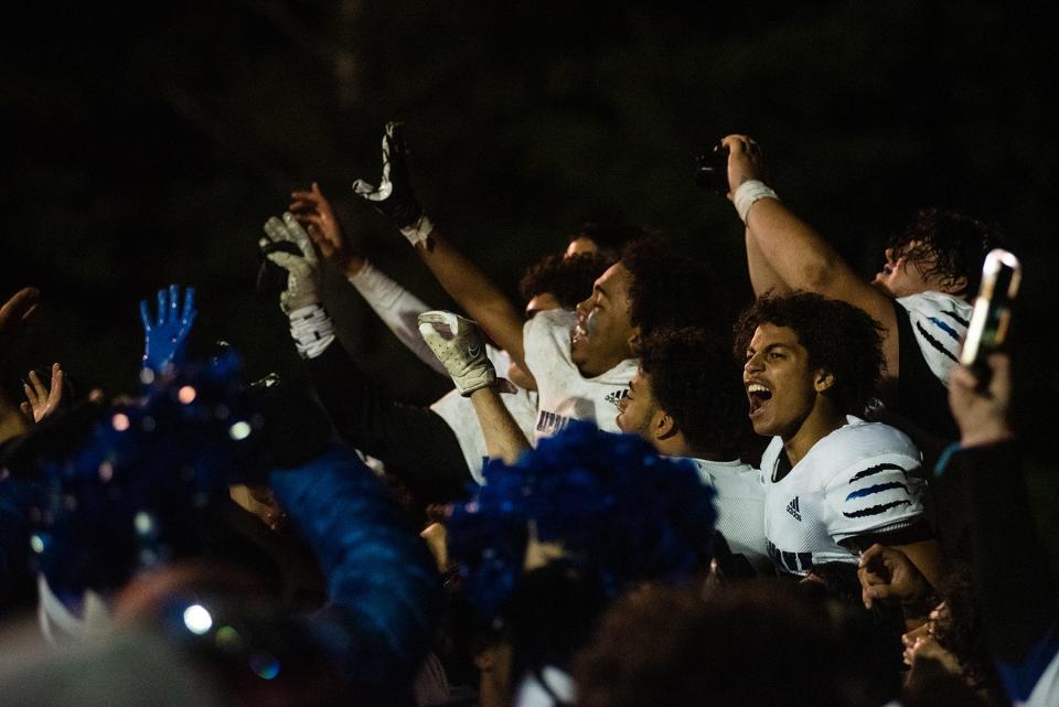 Middletown celebrates their win during the Erie Bell game at Glennette Field in Port Jervis on October 1, 2021.