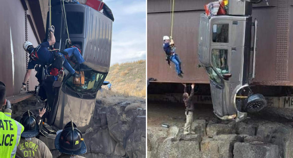 Rescuers save people from a ute dangling off the Malad Gorge bridge.