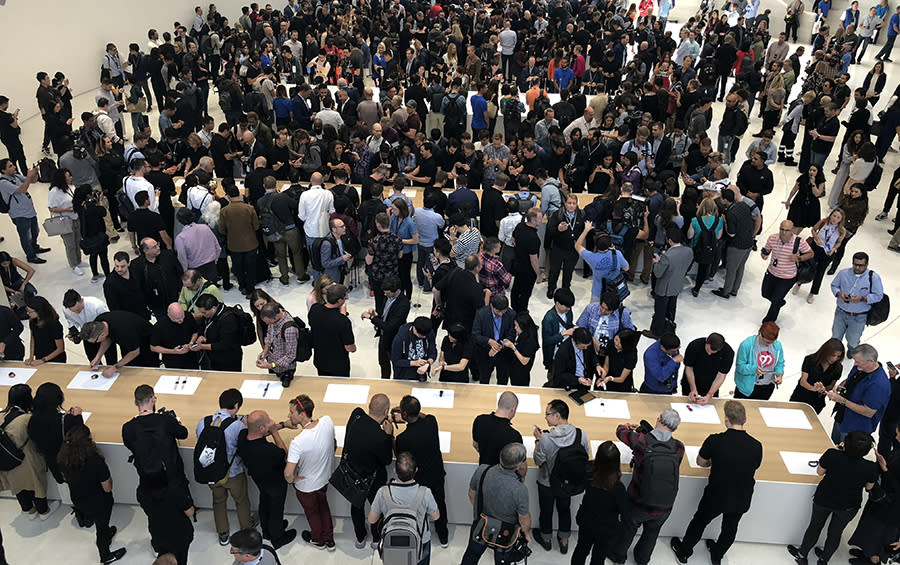 The world’s tech reporters converged at Apple’s circular headquarters to get some hands-on time with the new phones.