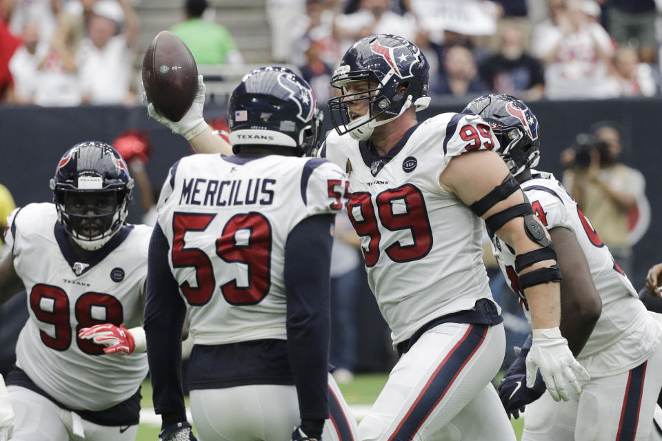 Houston Texans defensive end J.J. Watt (99) celebrates after he recovered a ball fumbled by Jacksonville Jaguars quarterback Gardner Minshew during the second half of an NFL football game Sunday, Sept. 15, 2019, in Houston. (AP Photo/David J. Phillip)