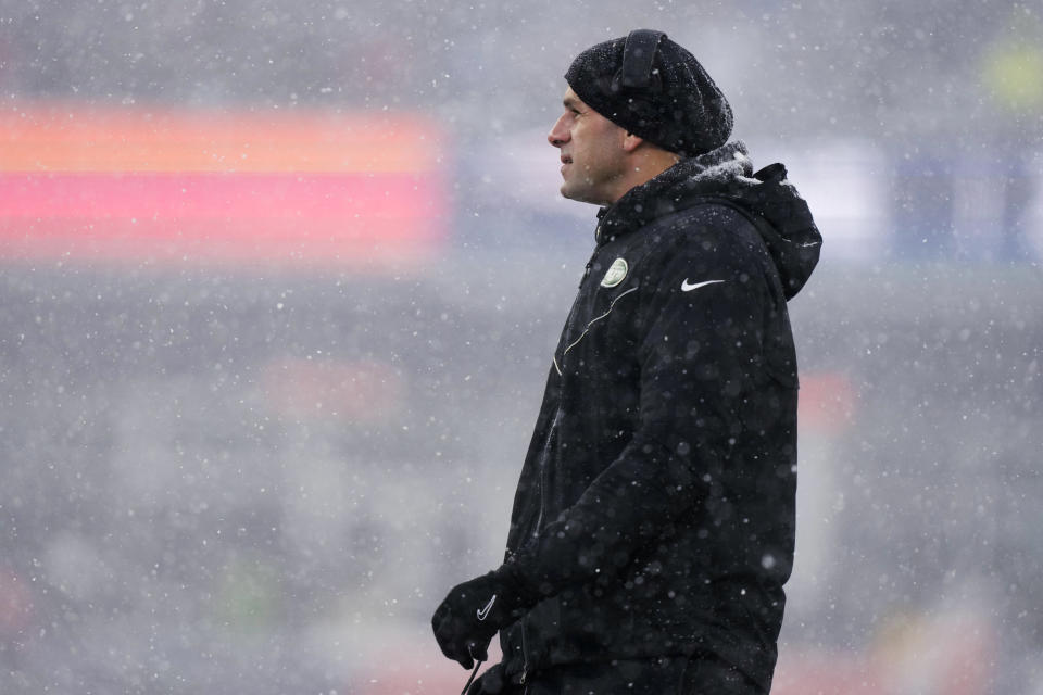 New York Jets head coach Robert Saleh watches from the sidelines during the first half of an NFL football game against the New England Patriots, Sunday, Jan. 7, 2024, in Foxborough, Mass. (AP Photo/Steven Senne)