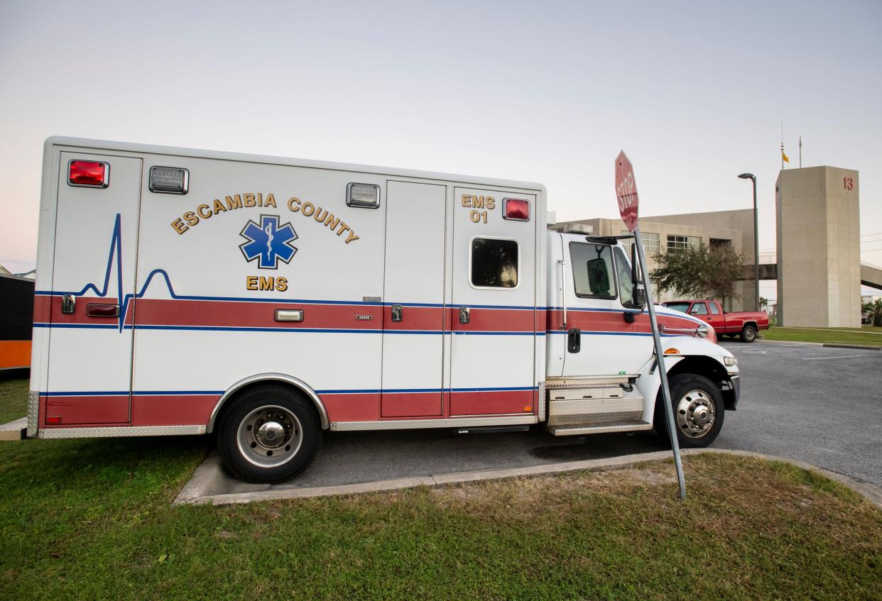 An EMS vehicle sits at the ready at Escambia County's Pensacola Beach Fire Station #13 on Tuesday, Nov. 10, 2020.