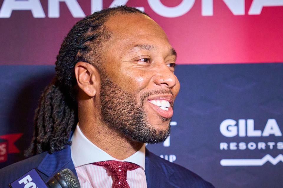 Nov 1, 2022; Phoenix, AZ, USA; Former Arizona Cardinals wide receiver Larry Fitzgerald talks to the media on the red carpet for the Arizona Sports Hall of Fame induction ceremony at Chateau Luxe.