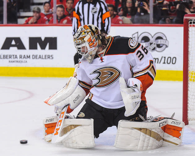 CALGARY, AB – APRIL 19: John Gibson #36 of the Anaheim Ducks in action against the Calgary Flames in Game Four of the Western Conference First Round during the 2017 NHL Stanley Cup Playoffs at Scotiabank Saddledome on April 19, 2017 in Calgary, Alberta, Canada. (Photo by Derek Leung/Getty Images)