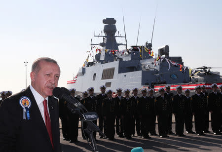 Turkish President Tayyip Erdogan speaks during a ceremony at a shipyard in Istanbul, Turkey November, 4 2018. Kayhan Ozer/Presidential Press Office/Handout via REUTERS