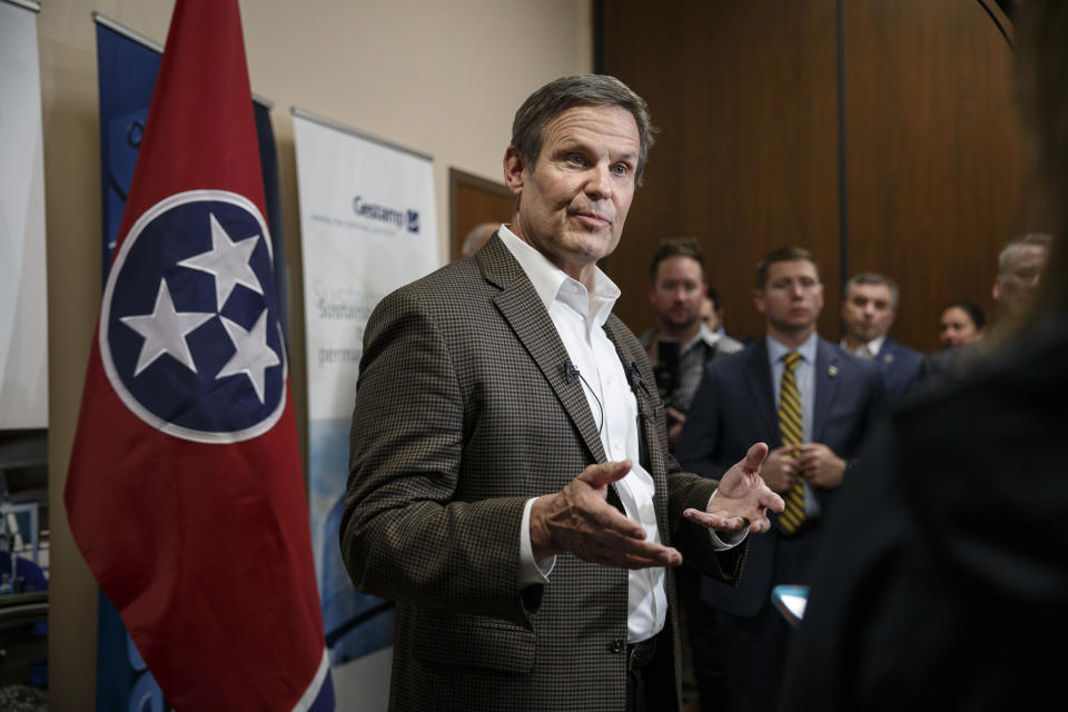 FILE - In this Feb. 1, 2019 file photo, Gov. Bill Lee answers questions from the media during a visit to Gestamp Inc., in Chattanooga, Tenn. Lee raised almost $2.5 million and spent nearly $1.8 million for his inauguration. The list of hundreds of donors from the Republican's inaugural disclosures includes prominent politicians, Lee administration figures, top companies, political action committees and more. Lee finished with more than $441,000 left in his inaugural fund. (Doug Strickland/Chattanooga Times Free Press via AP, File)