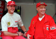 Michael Schumacher and Niki Lauda. (Photo by Mark Sandten/Bongarts/Getty Images)