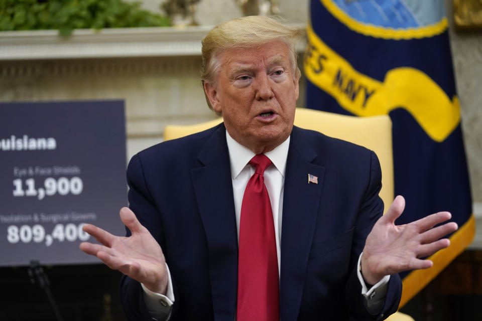 President Donald Trump speaks during a meeting about the coronavirus in the Oval Office of the White House, Wednesday, April 29, 2020, in Washington. (AP Photo/Evan Vucci)