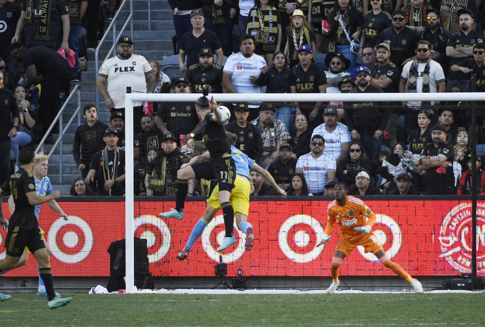 LOS ANGELES, CA - NOVEMBER 05: Gareth Bale #11 of Los Angeles FC scores the equalizing goal against goalkeeper Andre Blake #18 of Philadelphia Union in extra time during the 2022 MLS Cup Final at Banc of California Stadium on November 5, 2022 in Los Angeles, California. (Photo by Kevork Djansezian/Getty Images)