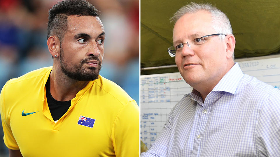 Nick Kyrgios, pictured left, has accused Australian prime minister Scott Morrison, right, of being too slow to act on the bushfire disaster.