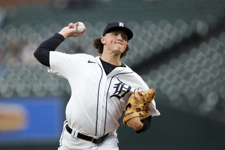 Detroit Tigers pitcher Reese Olson throws against the Chicago White Sox in the first inning of a baseball game, Friday, Sept. 8, 2023, in Detroit. (AP Photo/Paul Sancya)