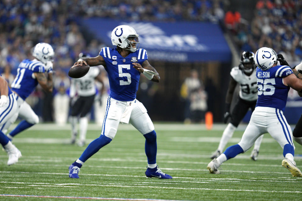 Indianapolis Colts quarterback Anthony Richardson throws during the first half of an NFL football game against the Jacksonville Jaguars Sunday, Sept. 10, 2023, in Indianapolis. (AP Photo/Jeff Dean)