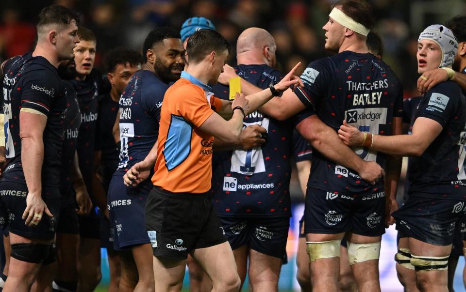 Siva Naulago of Bristol Bears is shown a yellow card by the referee