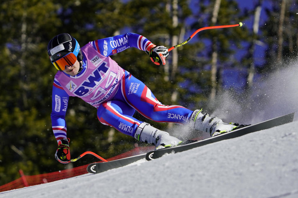 France's Victor Schuller skis during a men's World Cup downhill skiing training run Wednesday, Dec. 1, 2021, in Beaver Creek, Colo. (AP Photo/Robert F. Bukaty)