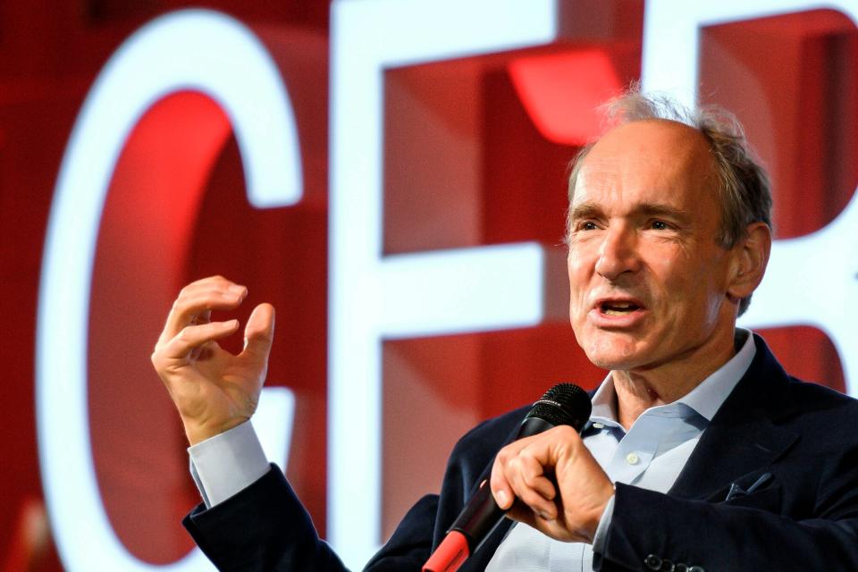 FILE - In this March 12, 2019, file photo, English computer scientist Tim Berners-Lee, best known as the inventor of the World Wide Web, delivers a speech during an event at the CERN in Meyrin near Geneva, Switzerland, marking 30 years of World Wide Web. Berners-Lee said Thursday, June 11, 2020 the COVID-19 pandemic demonstrates “the gross inequality” of a world where almost half the population is unable to connect, telling a high-level U.N. meeting “our number one focus must be to close the digital divide.” (Fabrice Coffrini/Pool, Keystone via AP, File)
