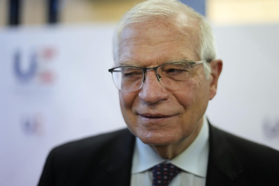 European Union foreign policy chief Josep Borrell arrives for a meeting of European Union foreign ministers in Brest, France, Friday, Jan. 14, 2022. The European Union is prolonging economic sanctions against Russia for six months for failing to live up to its commitments to the peace agreement in Ukraine. (AP Photo/Thibault Camus)
