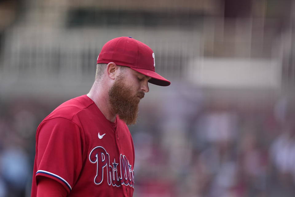 Philadelphia Phillies starting pitcher Dylan Covey (54) is taken out of a baseball game in the first inning against the Atlanta Braves, Sunday, May 28, 2023, in Atlanta. (AP Photo/Brynn Anderson)