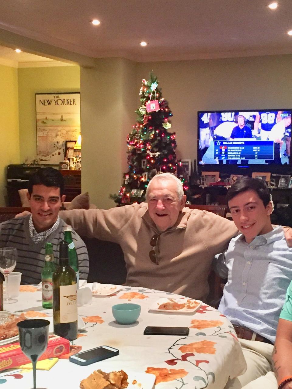 Thomas Mastropietro flanked by his grandsons Steve and Mark at a Christmas dinner in recent years. Mastropietro died at the New Jersey Veterans Home in Paramus from COVID-19.