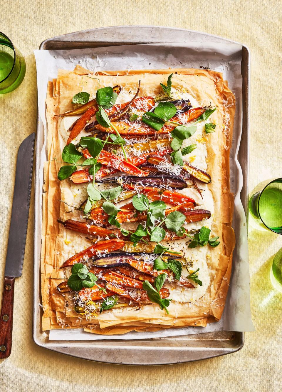 Rainbow-Carrot Tart with Pea Shoots