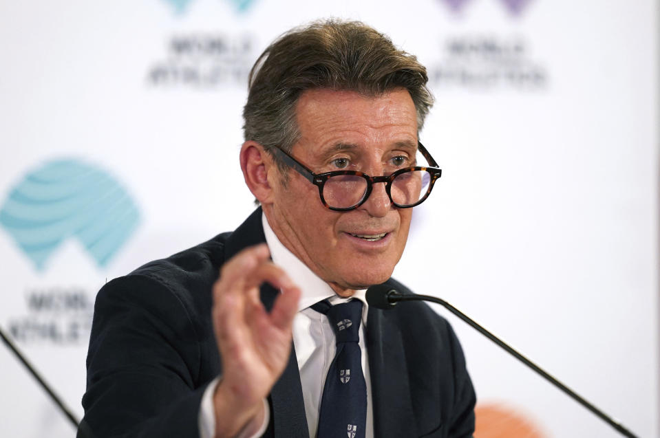 President of World Athletics, Sebastian Coe gestures during a press conference ahead of the World Athletics Championships in Budapest, Hungary, Thursday Aug. 17, 2023. (Martin Rickett/PA via AP)